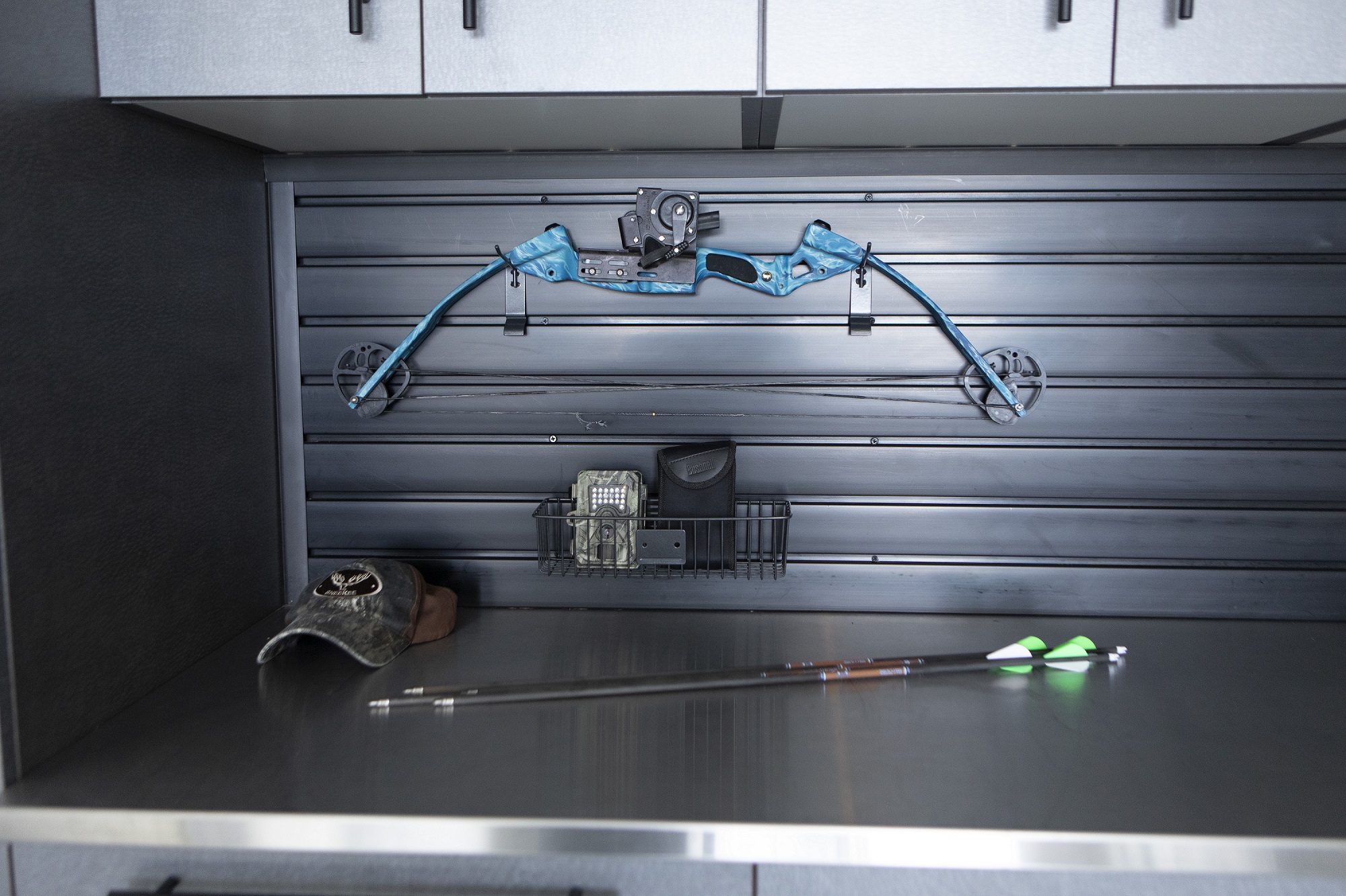 Bow hunting garage storage setup
