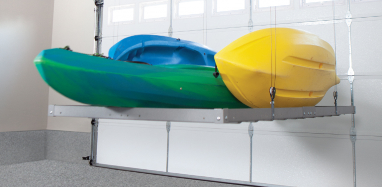 motorized overhead kayak storage lowered